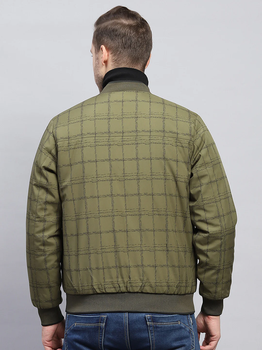 Men Olive Check Mock Neck Full Sleeve Jacket - Image 5