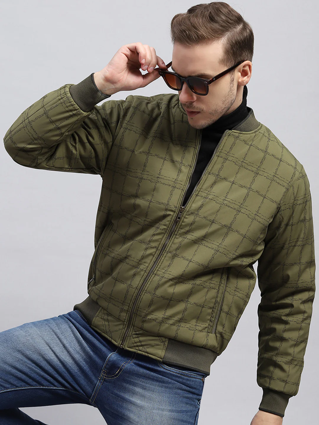 Men Olive Check Mock Neck Full Sleeve Jacket - Image 6