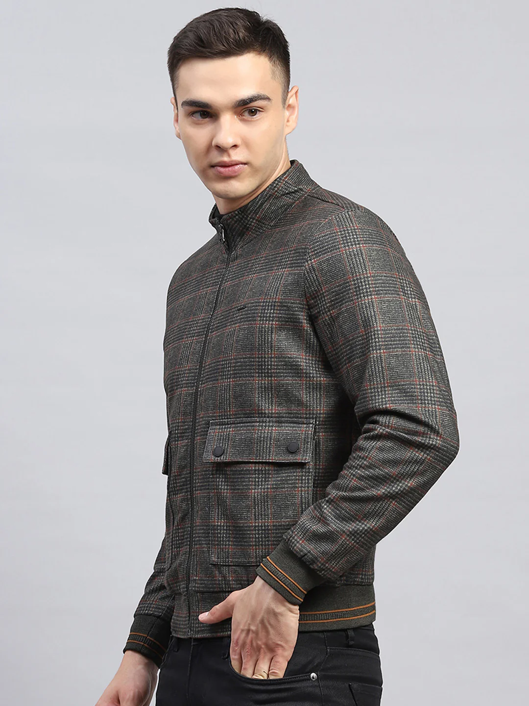 Men Olive Check Mock Neck Full Sleeve Jacket - Image 3