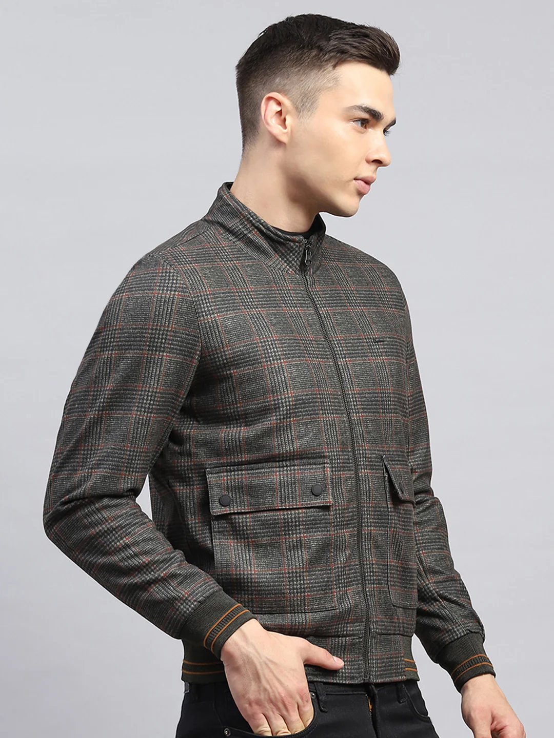 Men Olive Check Mock Neck Full Sleeve Jacket - Image 4