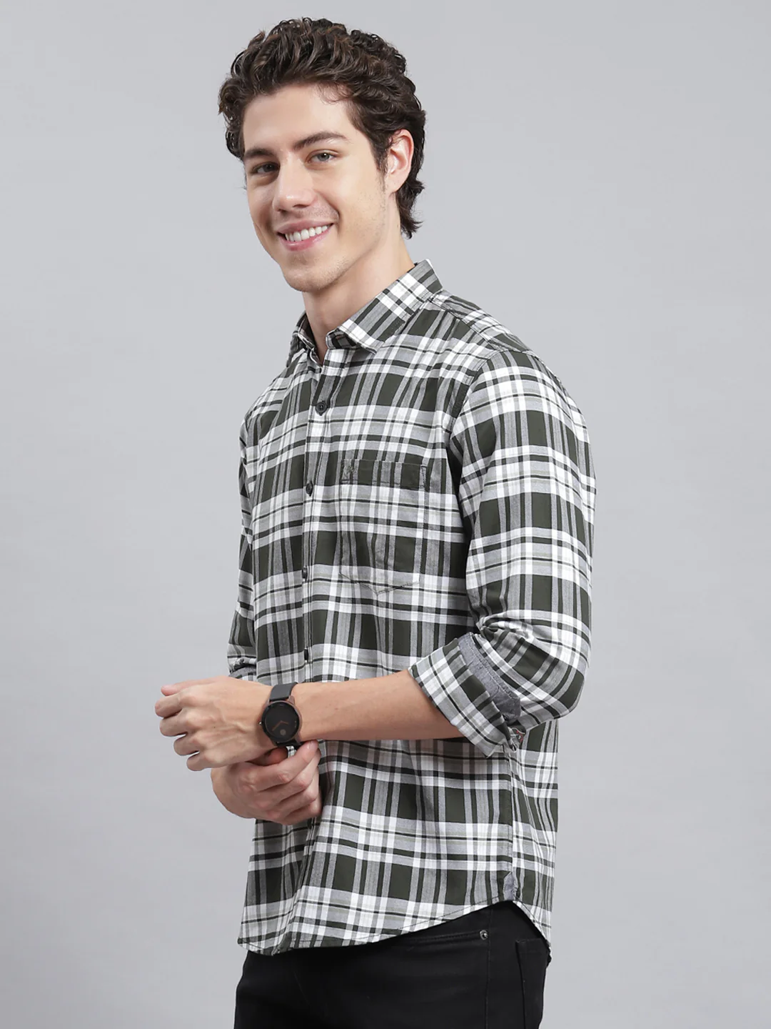 Men Olive Check Shirt - Image 4