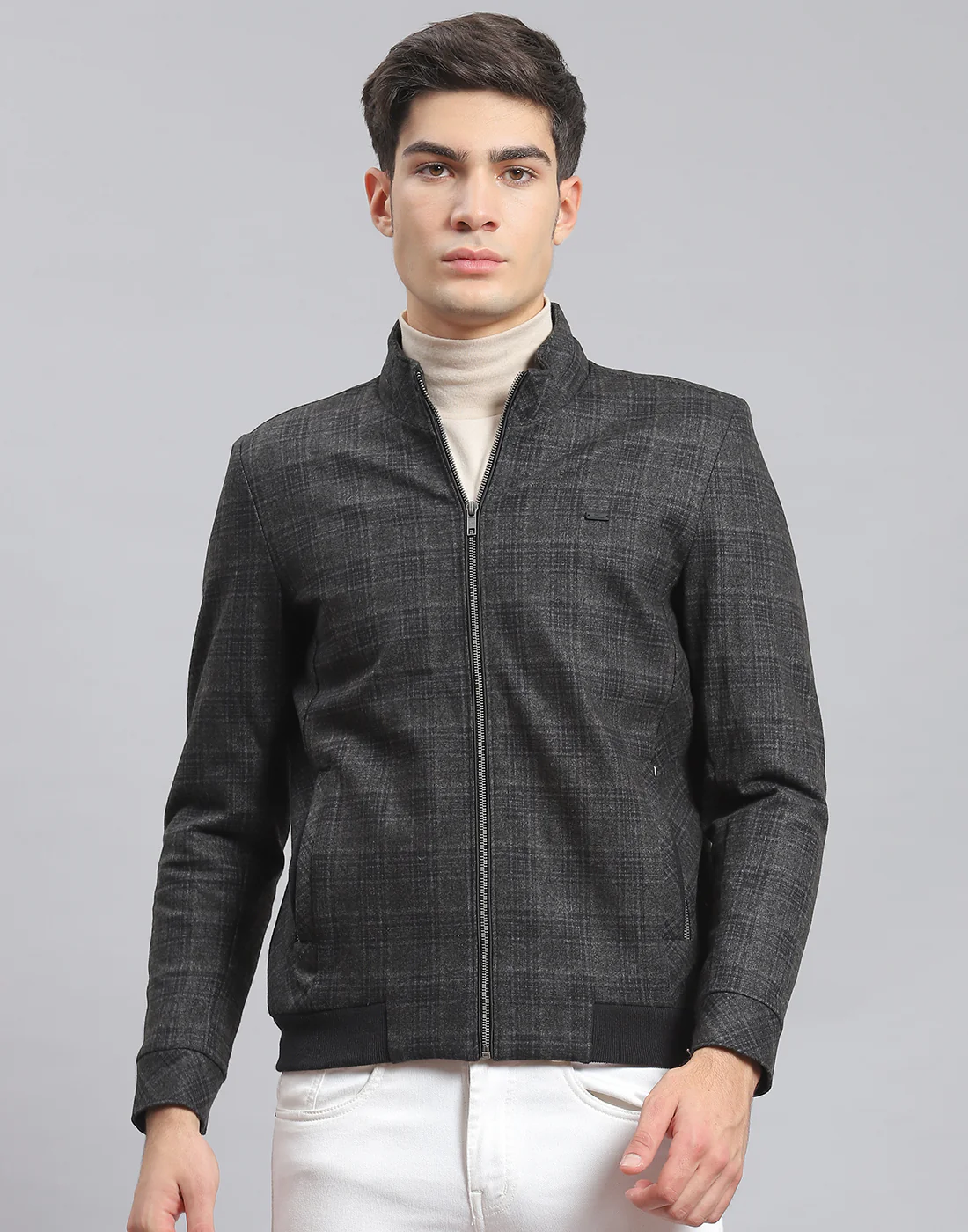 Men Olive Check Stand Collar Full Sleeve Coat - Image 2