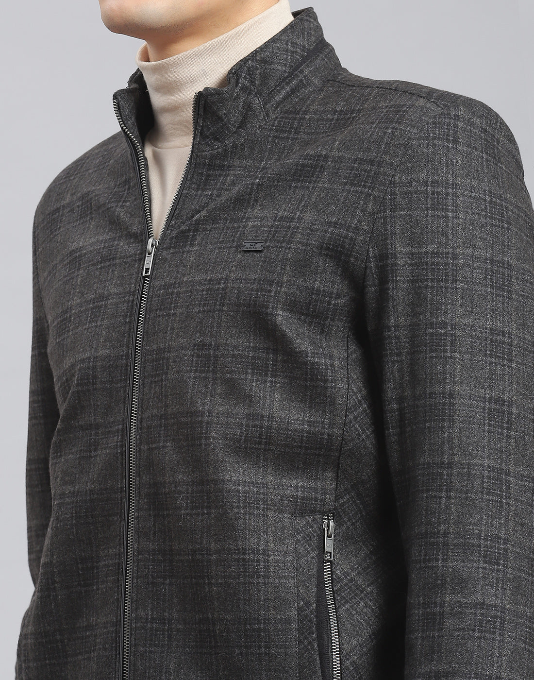 Men Olive Check Stand Collar Full Sleeve Coat - Image 6