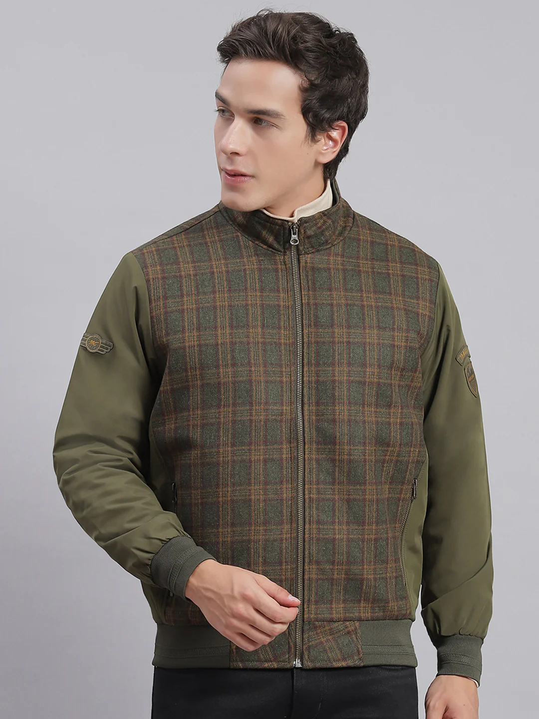 Men Olive Check Stand Collar Full Sleeve Jackets - Image 2