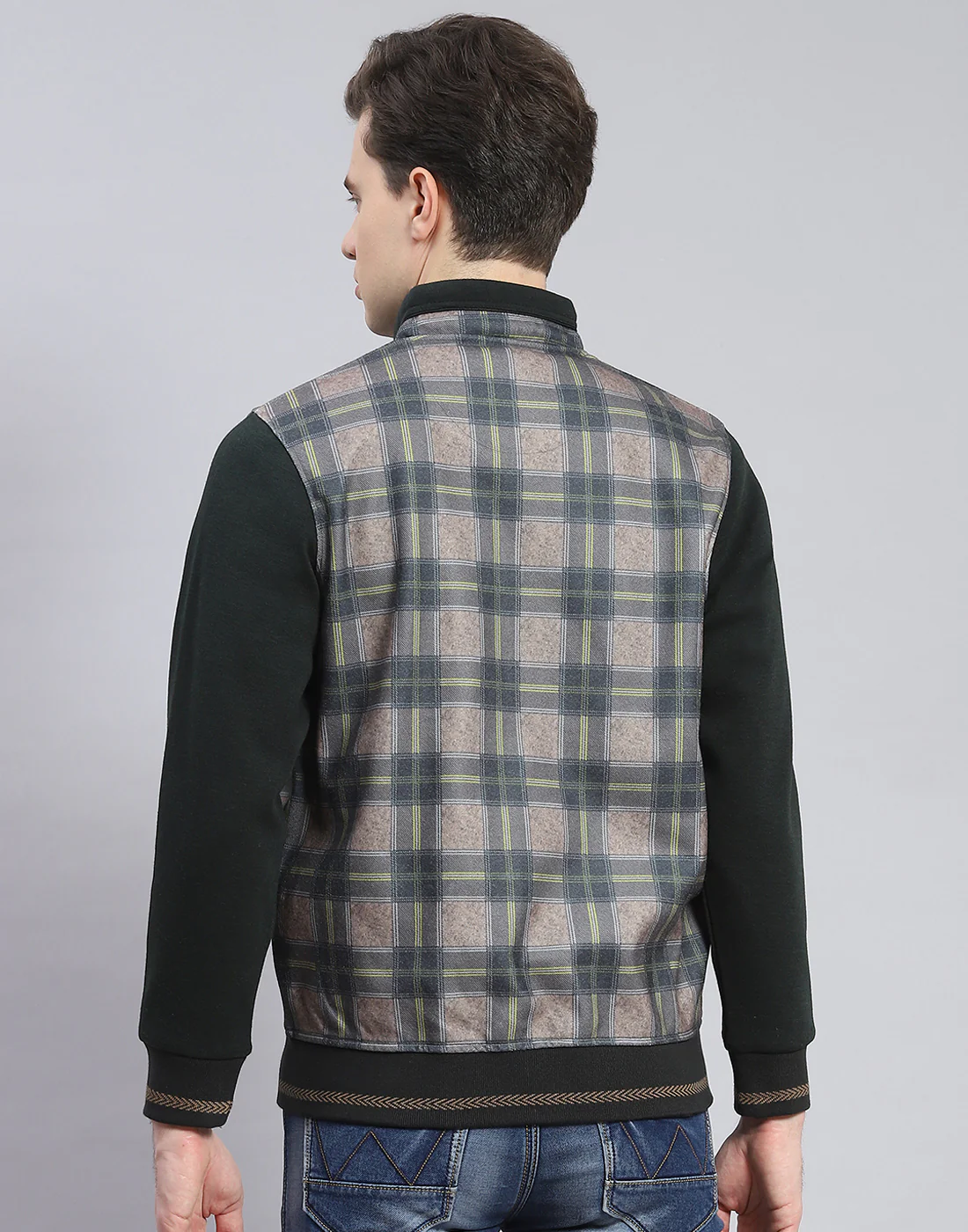 Men Olive Check Stand Collar Full Sleeve Sweatshirt - Image 5