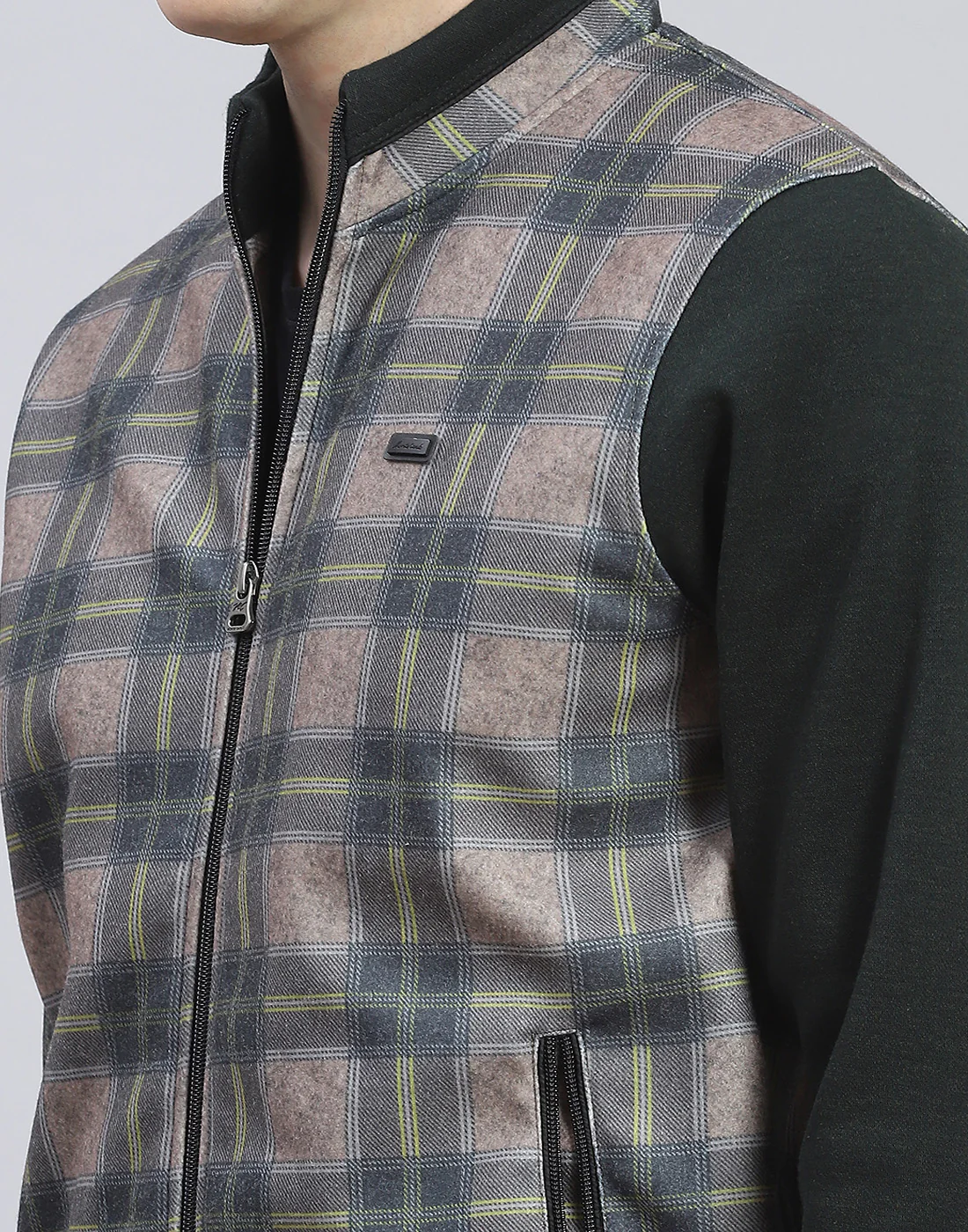 Men Olive Check Stand Collar Full Sleeve Sweatshirt - Image 6