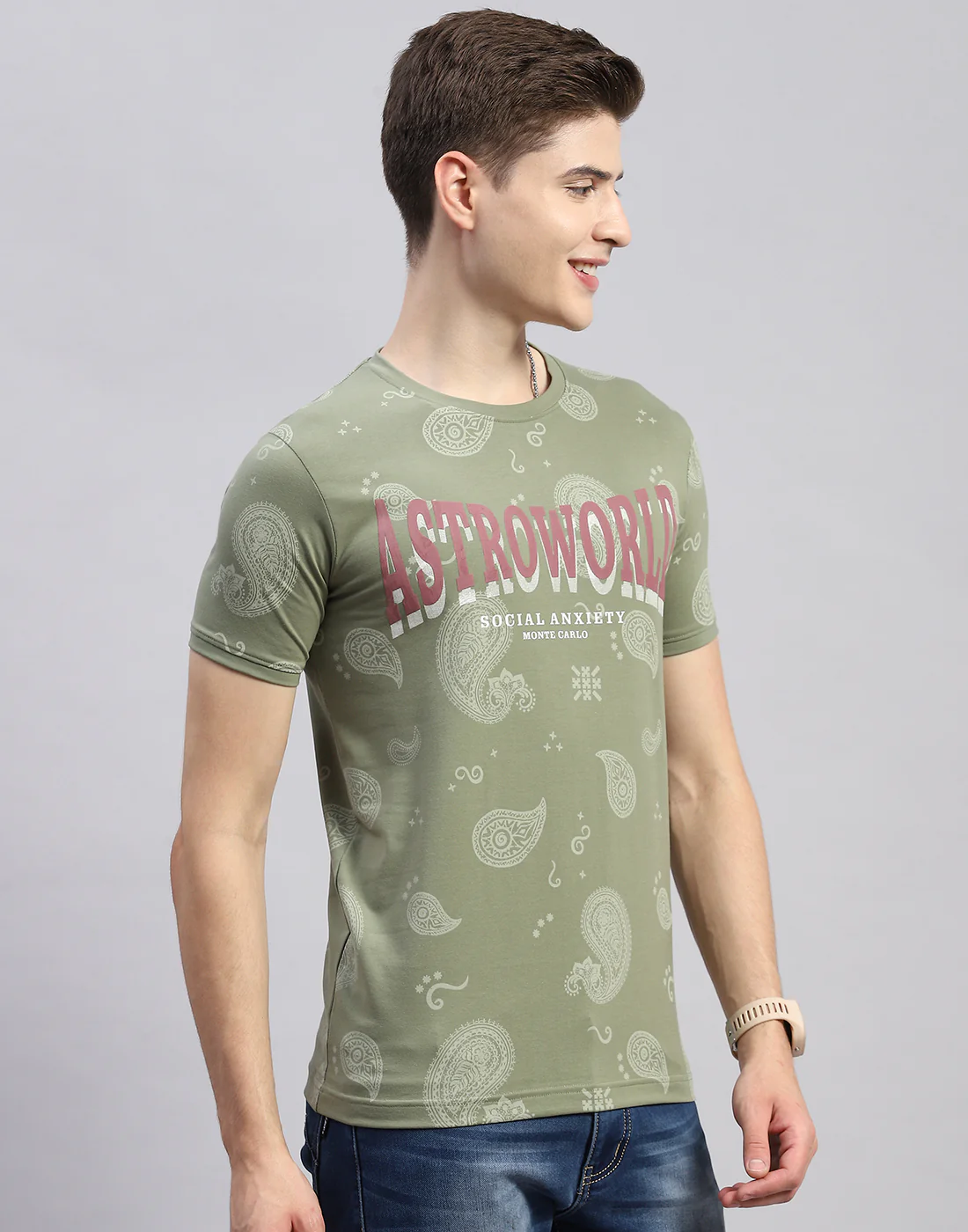 Men Olive Floral Print Collar Half Sleeve T-Shirt - Image 4