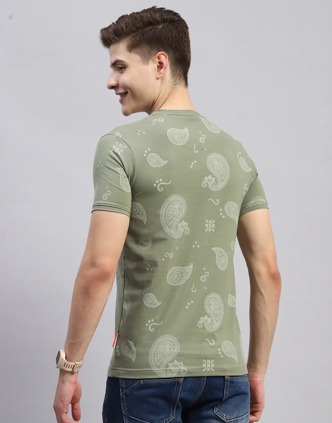 Men Olive Floral Print Collar Half Sleeve T-Shirt - Image 5