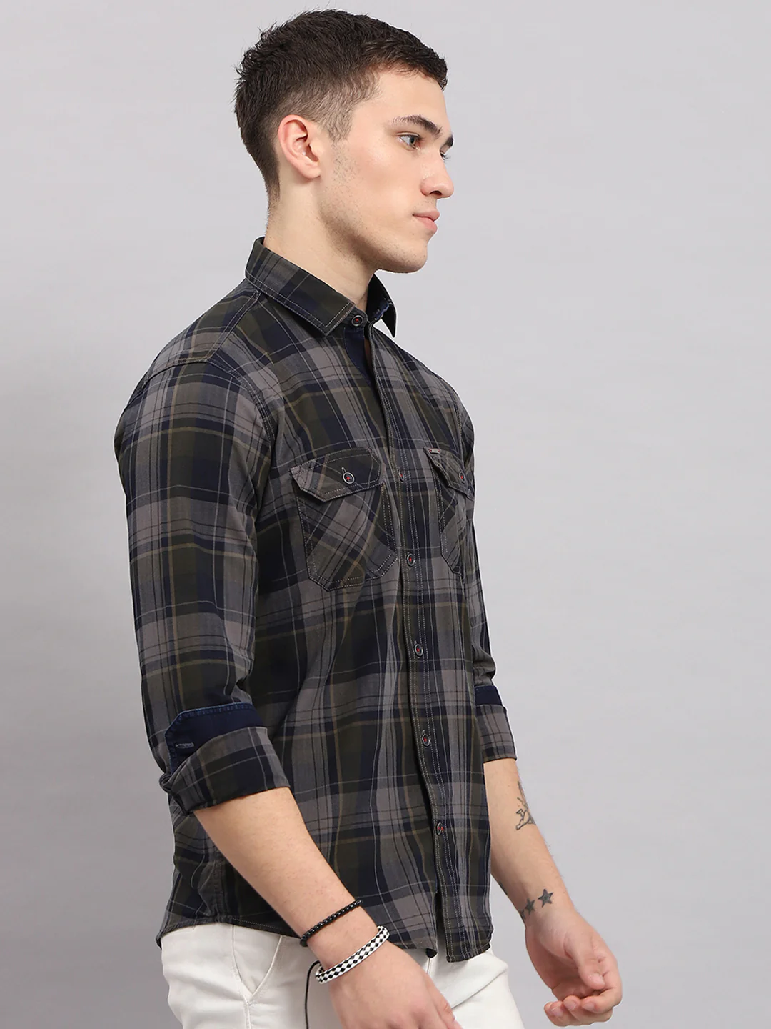Men Olive & Grey Check Collar Full Sleeve Shirt - Image 4