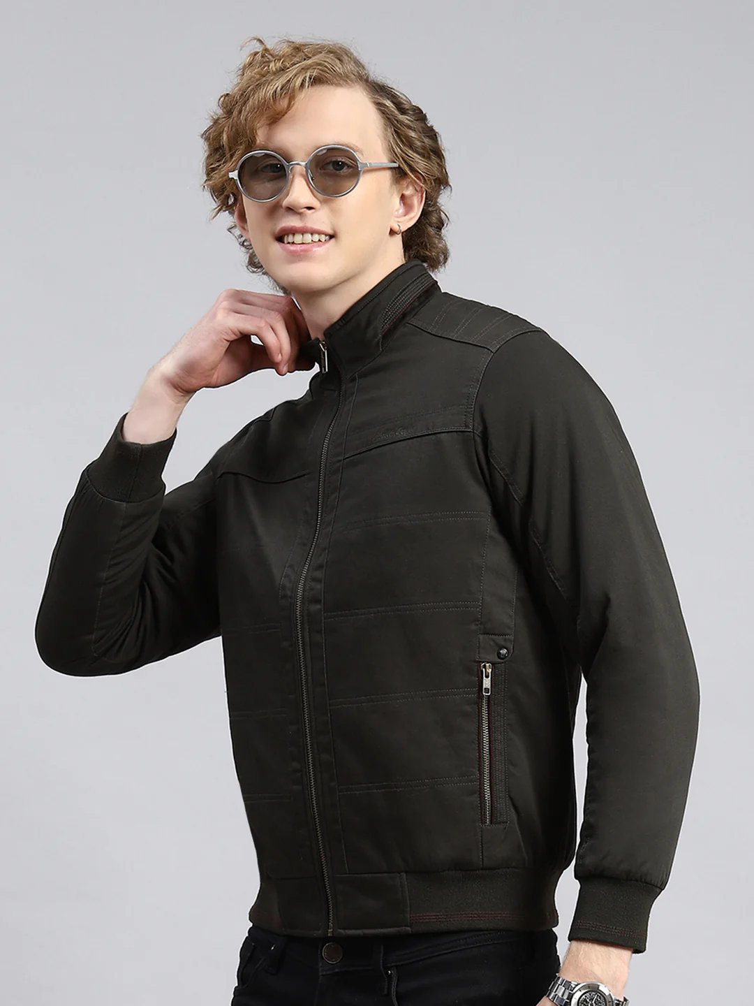 Men Olive Plain Jacket - Image 4