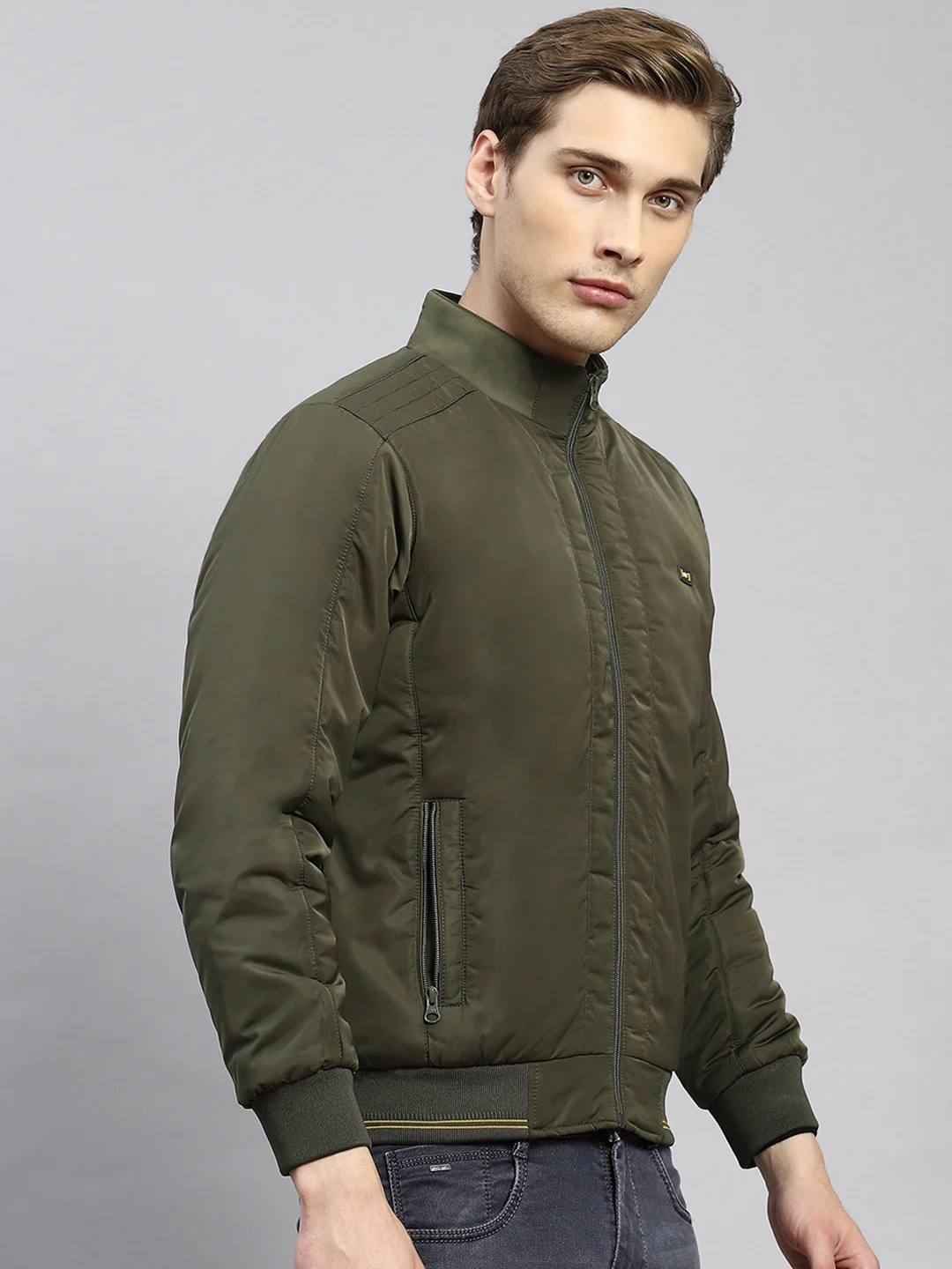 Men Olive Plain Jacket - Image 3