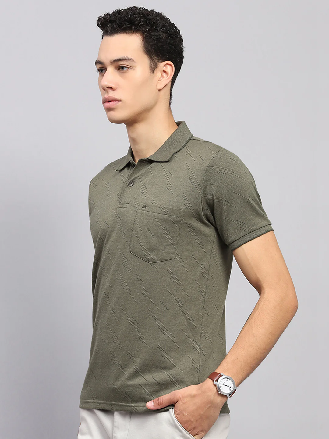 Men Olive Printed Collar Half Sleeve T-Shirt - Image 3
