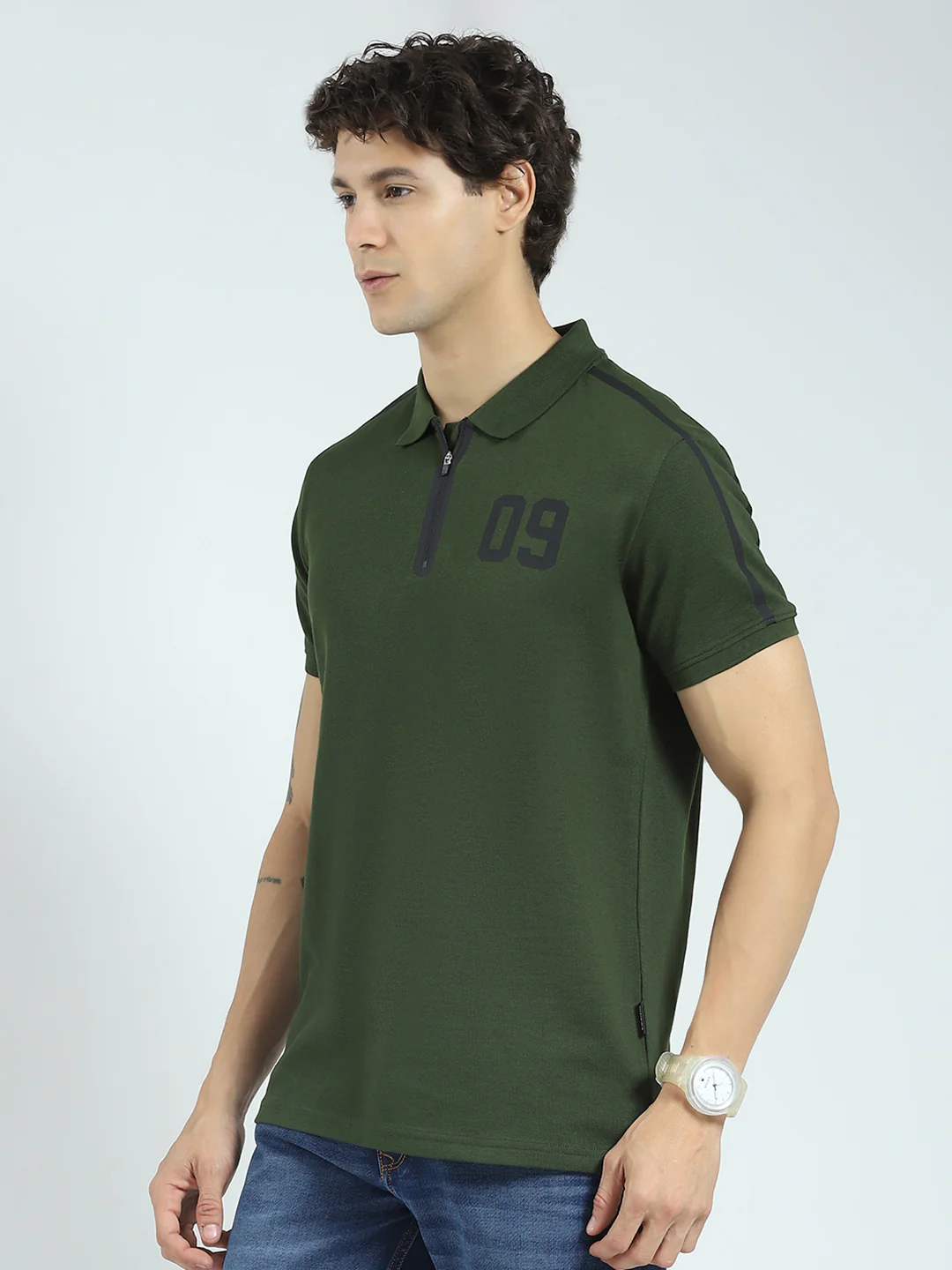 Rock.it Men Olive Printed Collar Half Sleeve T-Shirt - Image 3