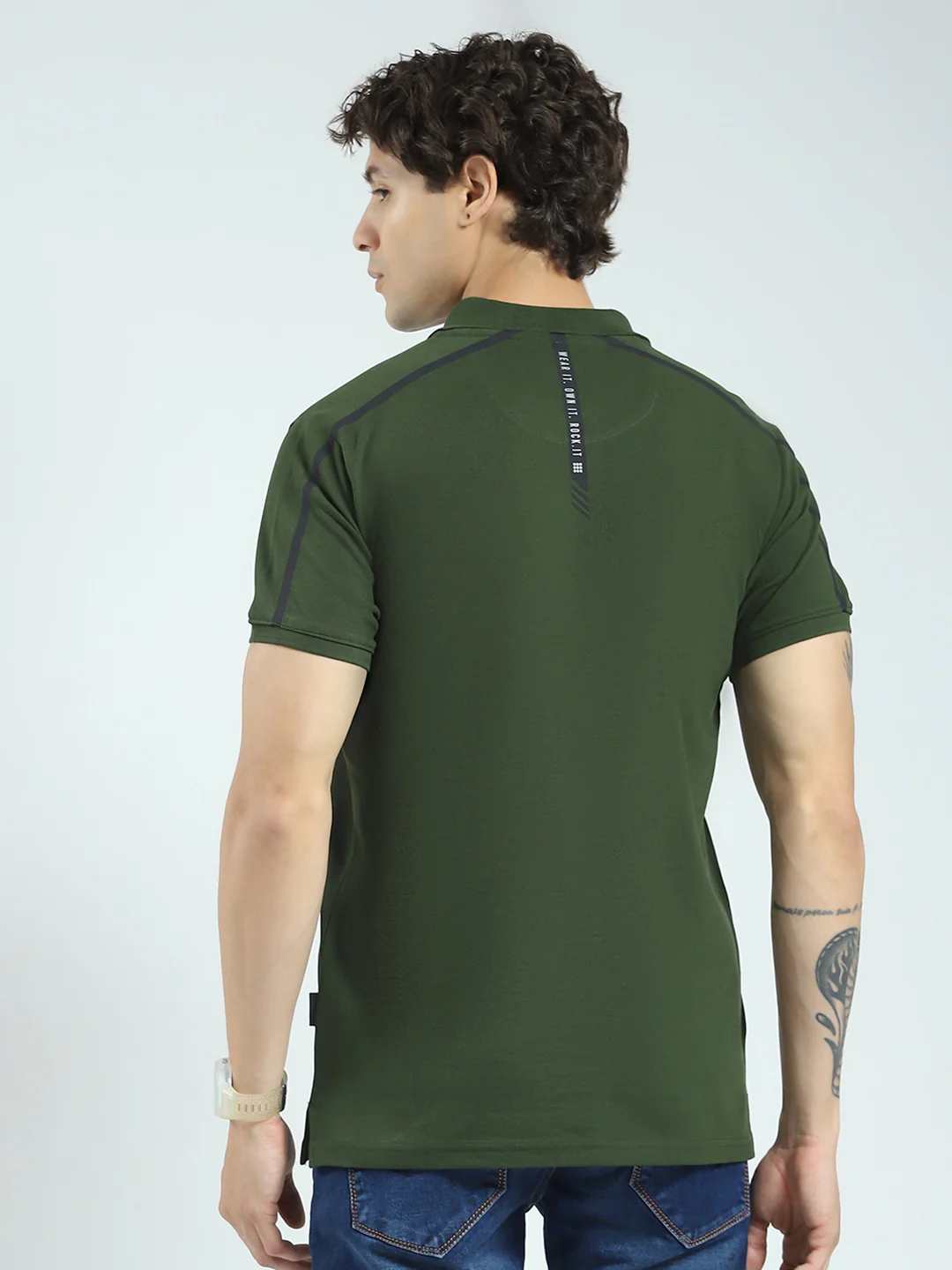 Rock.it Men Olive Printed Collar Half Sleeve T-Shirt - Image 5