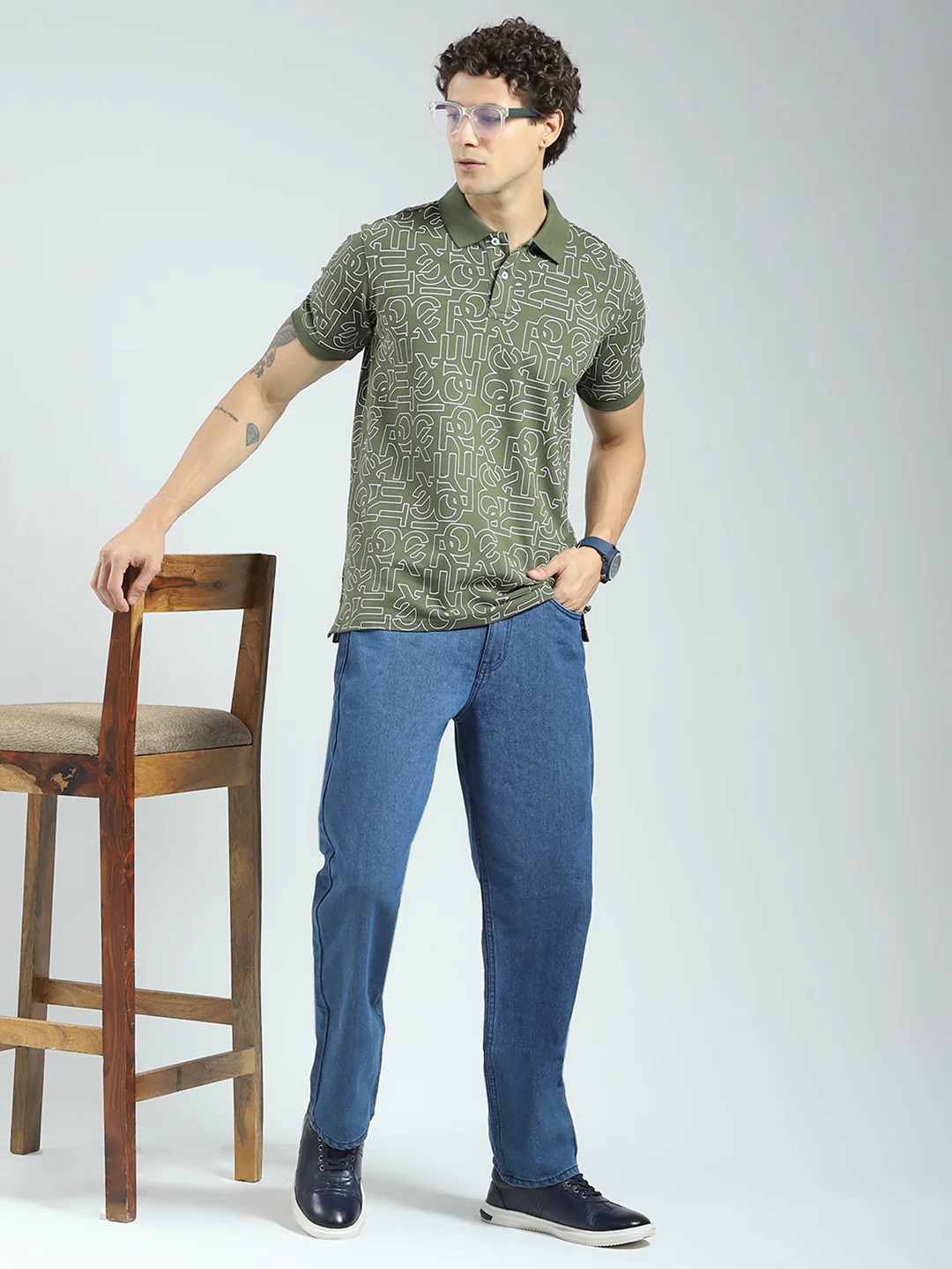 Rock.it Men Olive Printed Collar Half Sleeve T-Shirt - Image 2