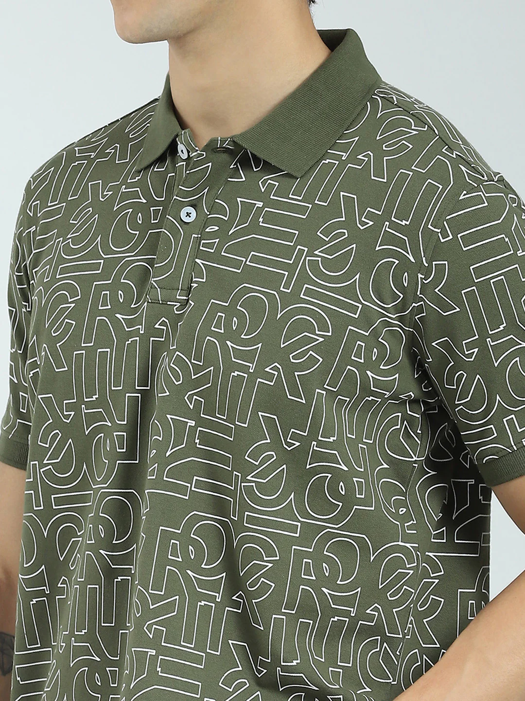 Rock.it Men Olive Printed Collar Half Sleeve T-Shirt - Image 6