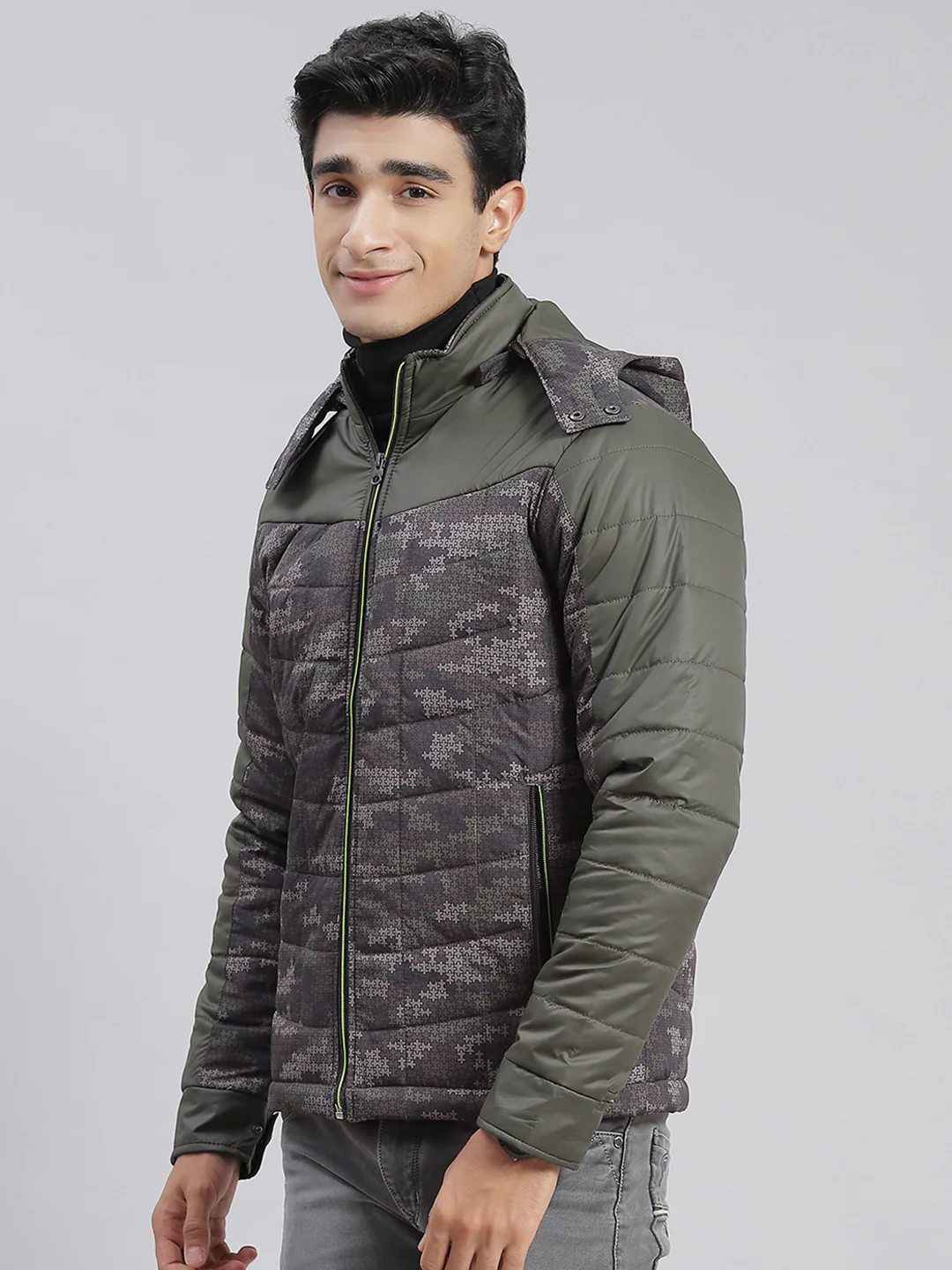 Men Olive Printed Hooded Full Sleeve Jackets - Image 5