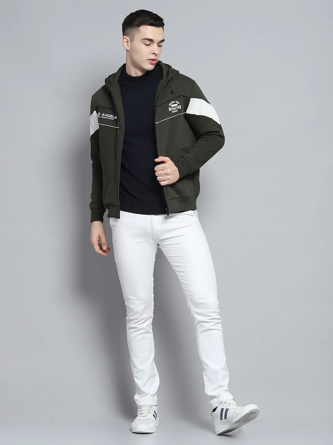 Men Olive Printed Hooded Full Sleeve Sweatshirt - Image 2
