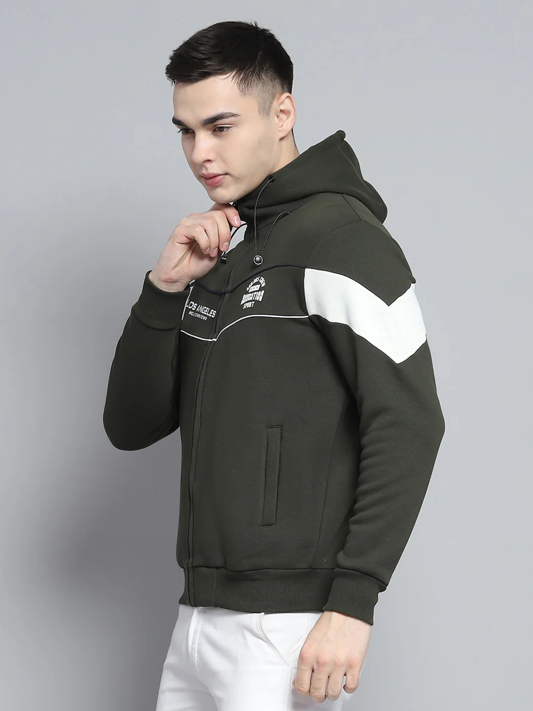 Men Olive Printed Hooded Full Sleeve Sweatshirt - Image 3