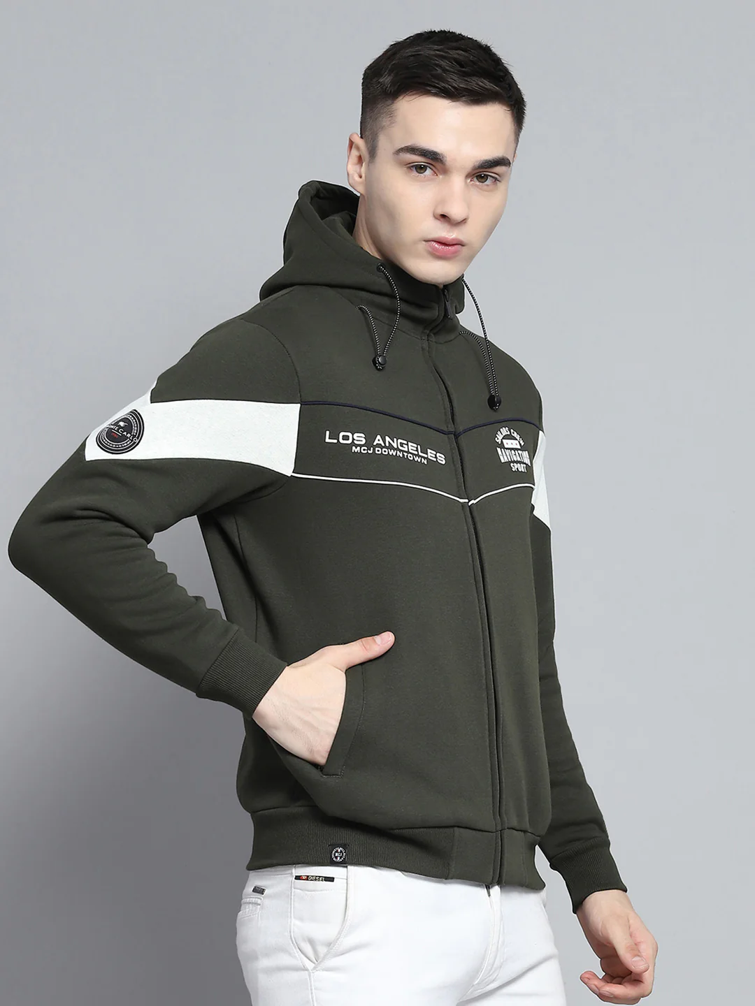 Men Olive Printed Hooded Full Sleeve Sweatshirt - Image 4