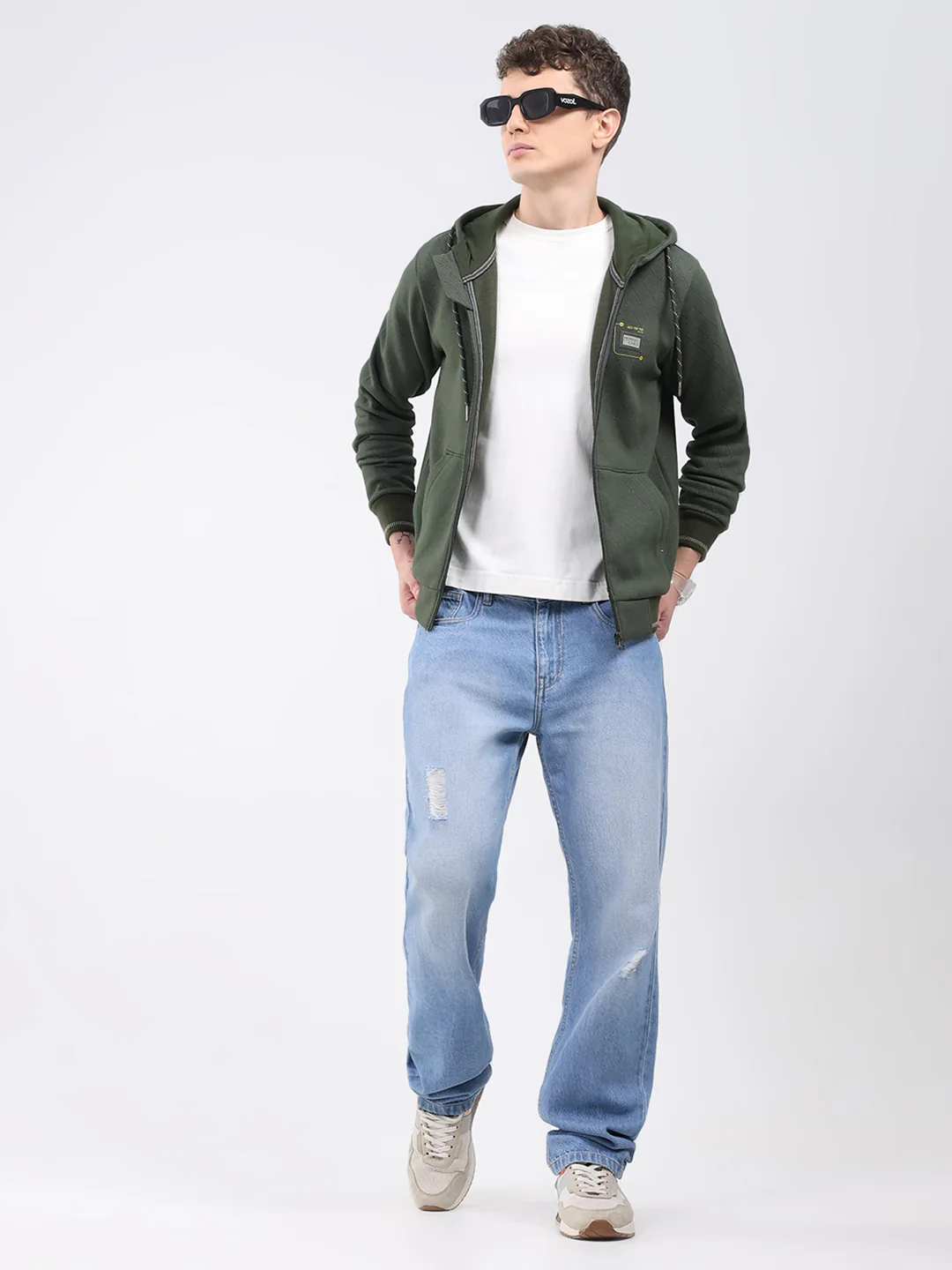 Men Olive Printed Hooded Full Sleeve Sweatshirt - Image 2