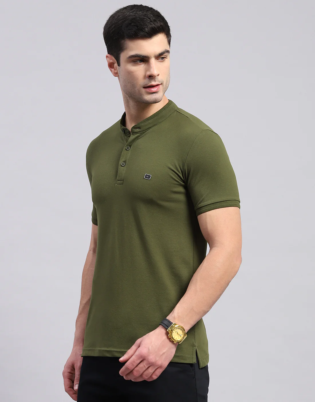 Men Olive Printed Mandarin Collar Half Sleeve T-Shirt - Image 3