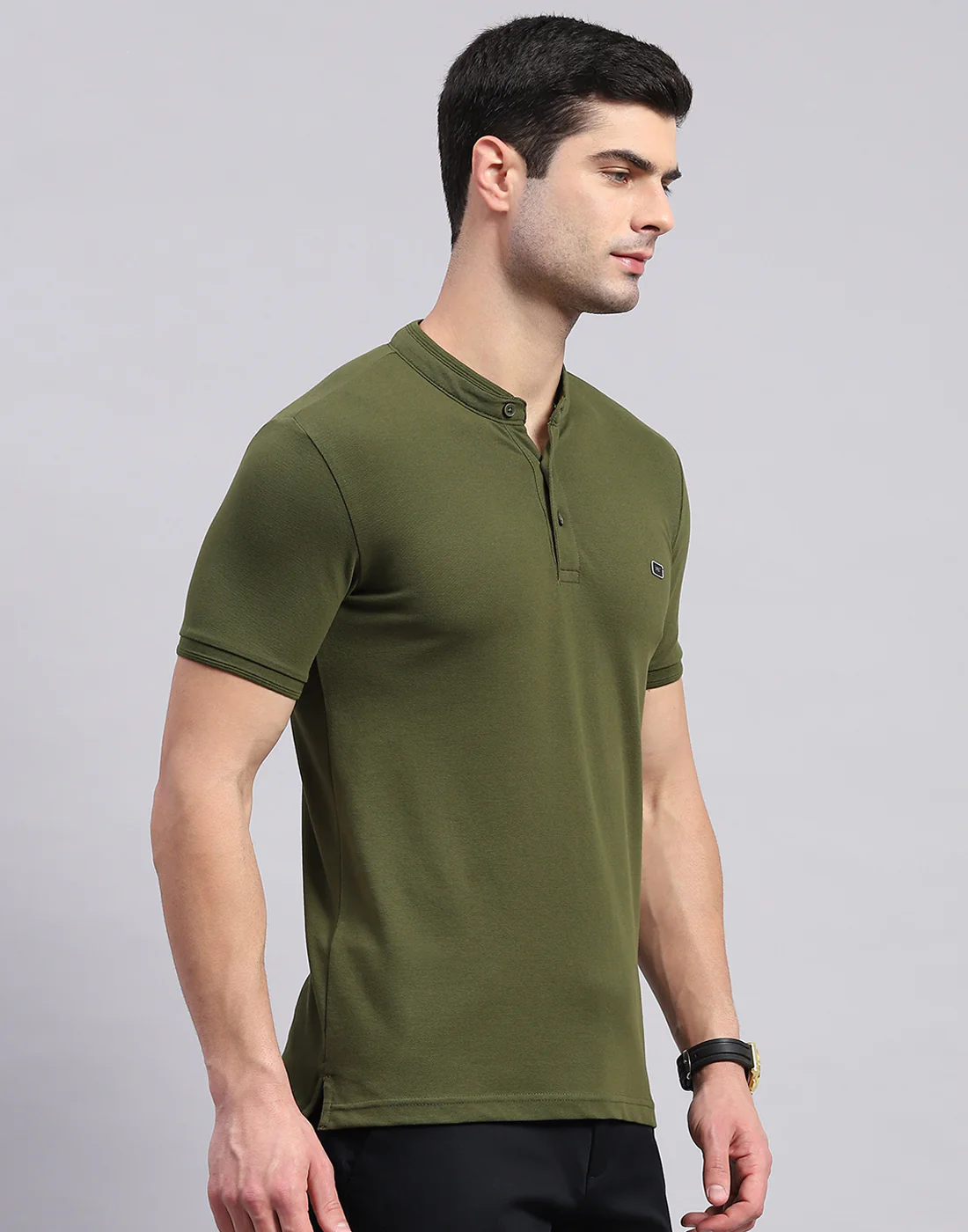 Men Olive Printed Mandarin Collar Half Sleeve T-Shirt - Image 4