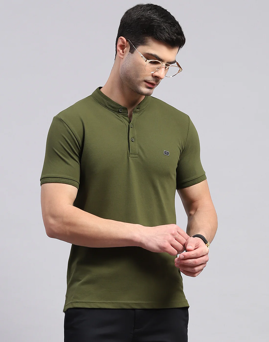 Men Olive Printed Mandarin Collar Half Sleeve T-Shirt - Image 6