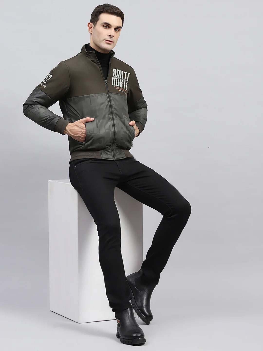 Men Olive Printed Mock Neck Full Sleeve Jacket - Image 2