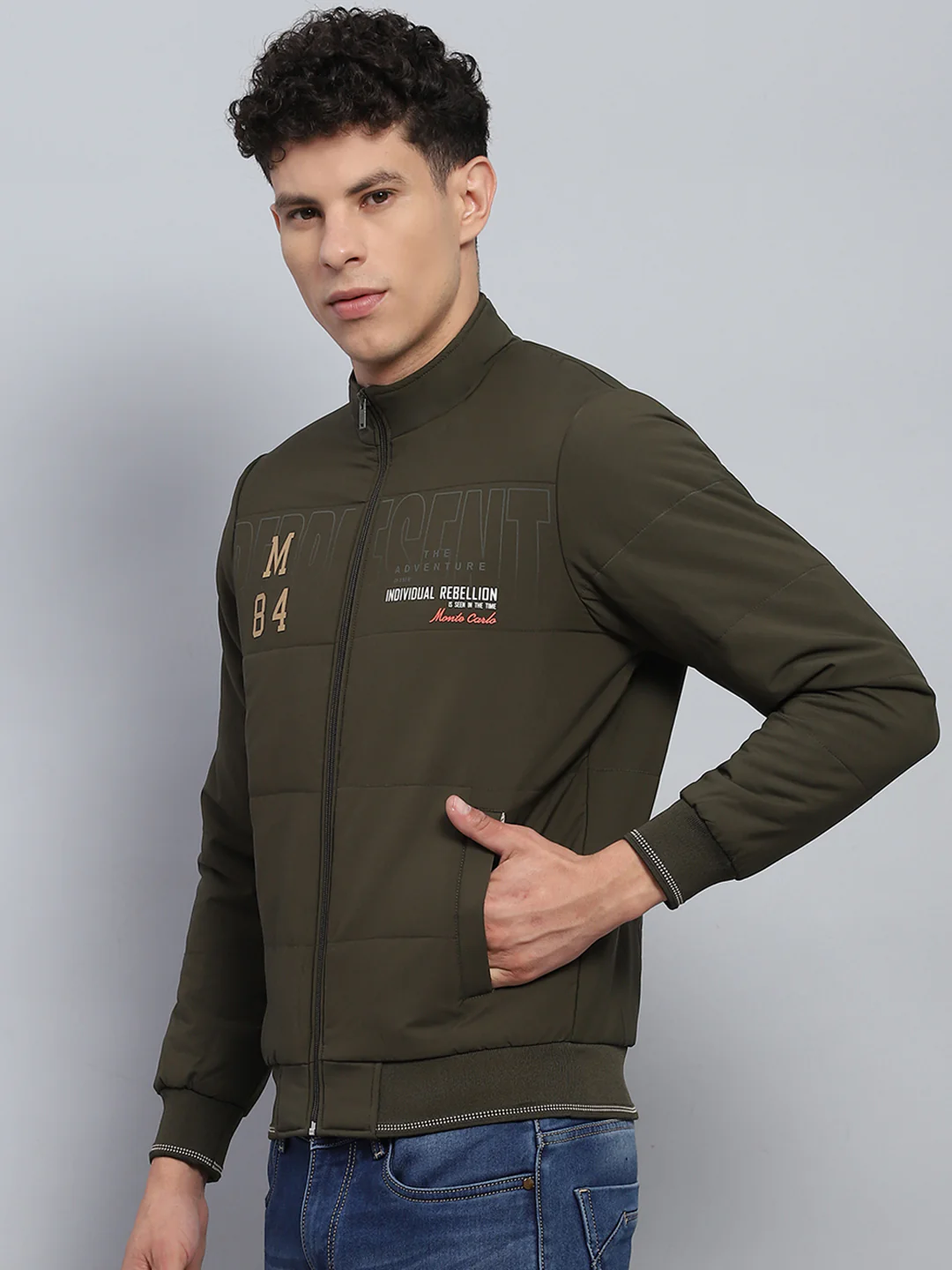 Men Olive Printed Mock Neck Full Sleeve Jacket - Image 3