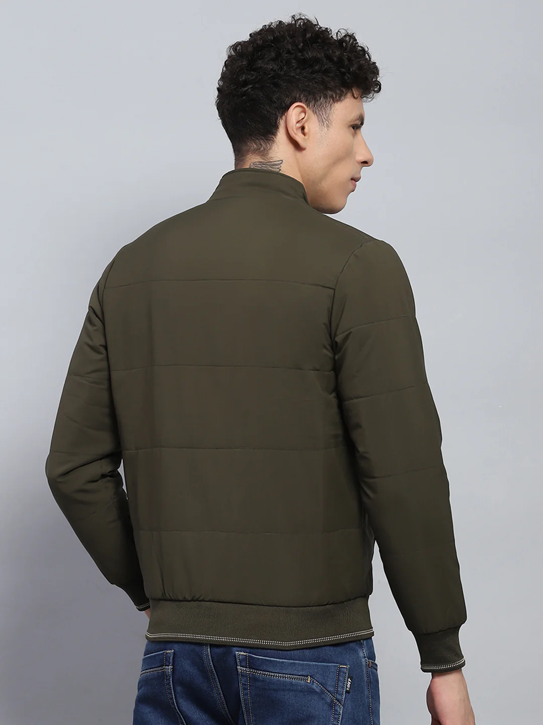 Men Olive Printed Mock Neck Full Sleeve Jacket - Image 5