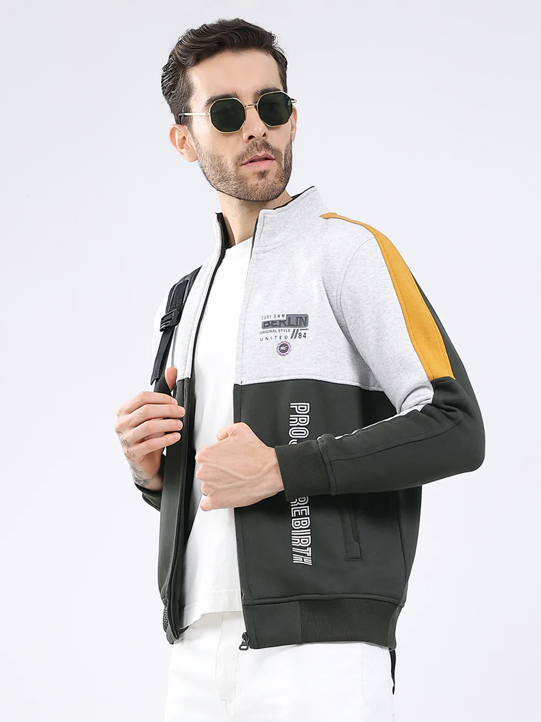 Men Olive Printed Mock Neck Full Sleeve Sweatshirt - Image 6