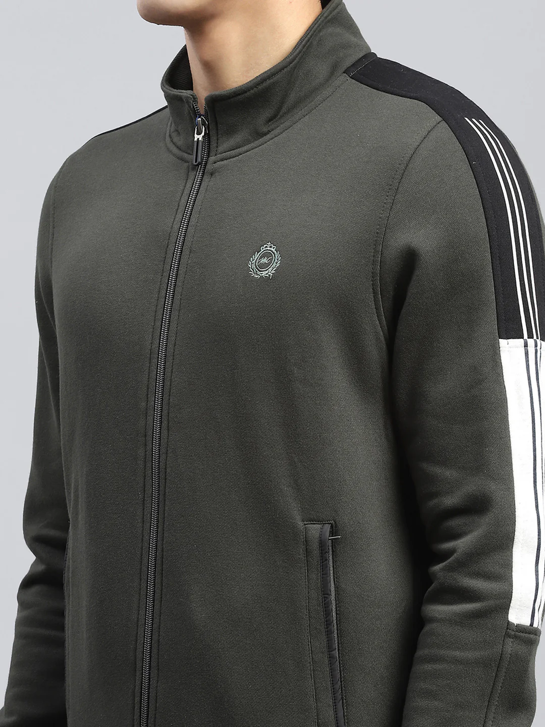 Men Olive Printed Mock Neck Full Sleeve Winter Tracksuit - Image 6