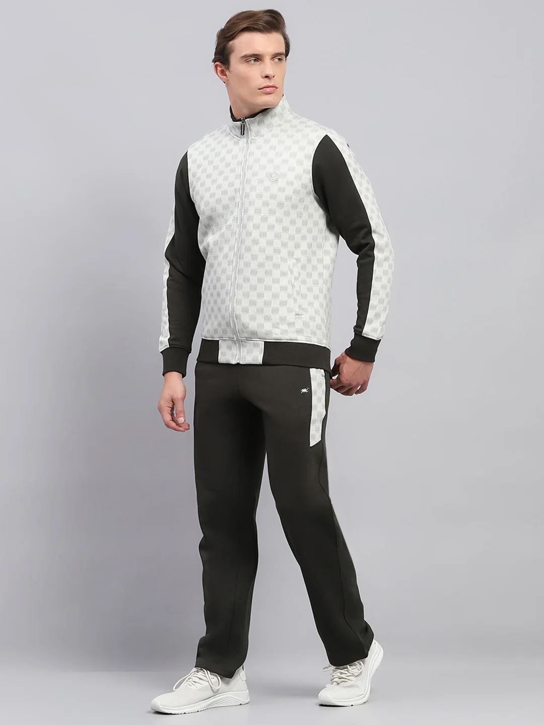 Men Olive Printed Mock Neck Full Sleeve Winter Tracksuit - Image 3