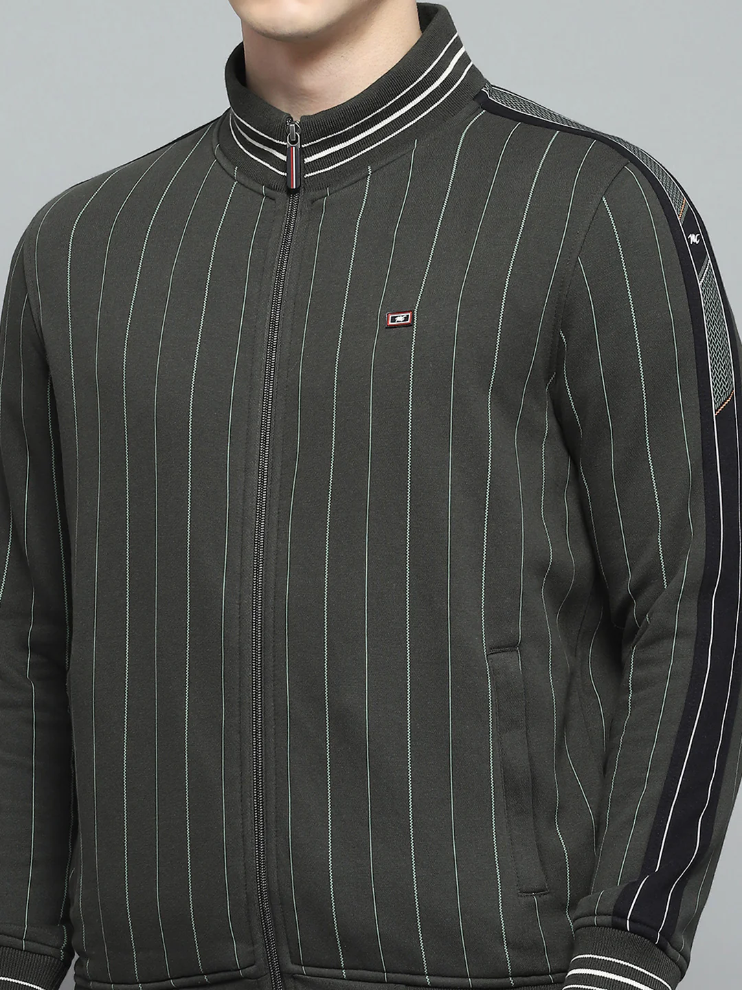 Men Olive Printed Mock Neck Full Sleeve Winter Tracksuit - Image 6