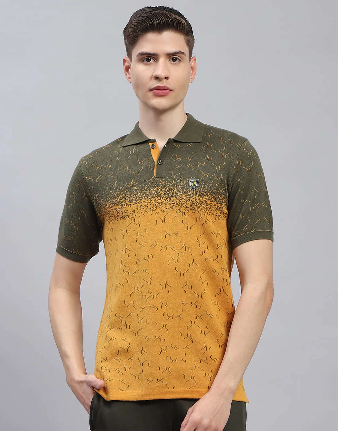 Men Olive Printed Polo Collar Half Sleeve T-Shirt - Image 3