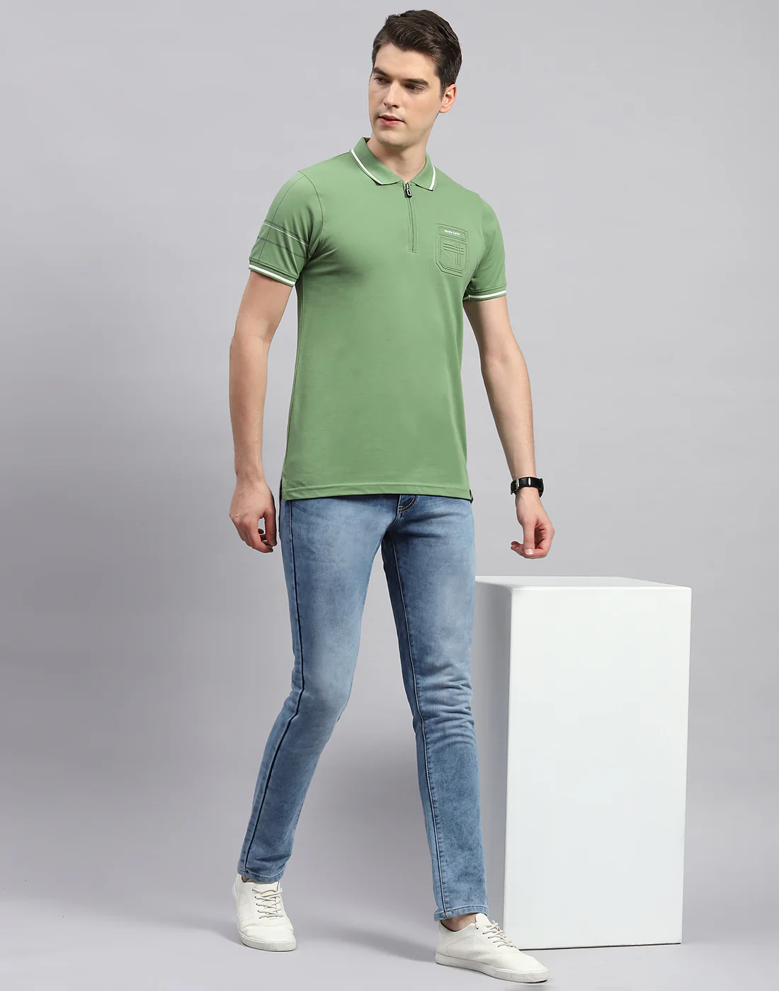 Men Olive Printed Polo Collar Half Sleeve T-Shirt - Image 2