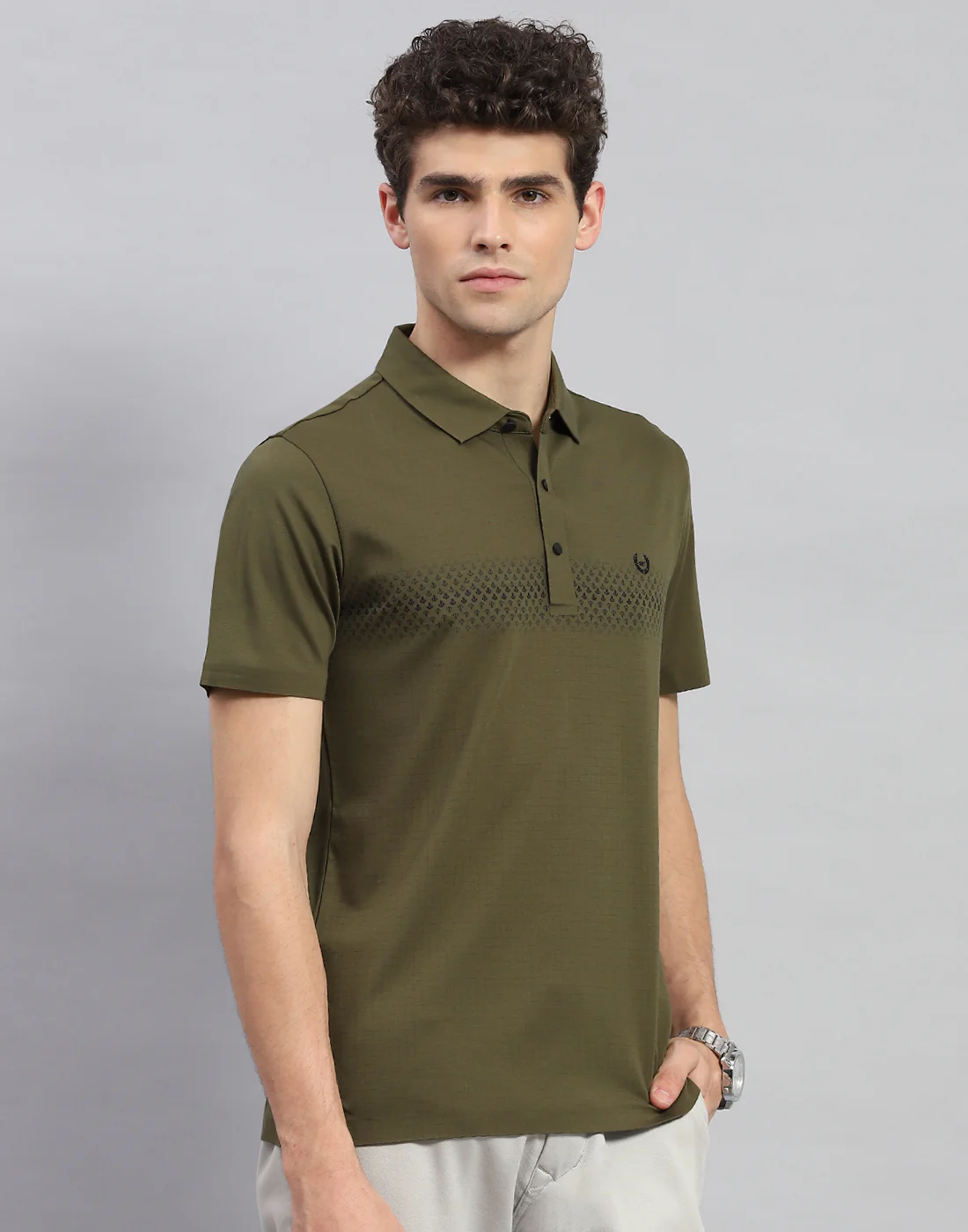 Men Olive Printed Polo Collar Half Sleeve T-Shirt - Image 4