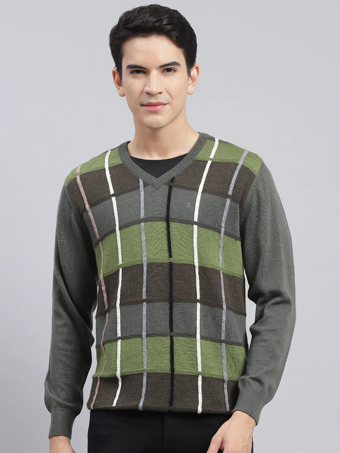 Men Olive Printed Pure wool Pullover - Image 2
