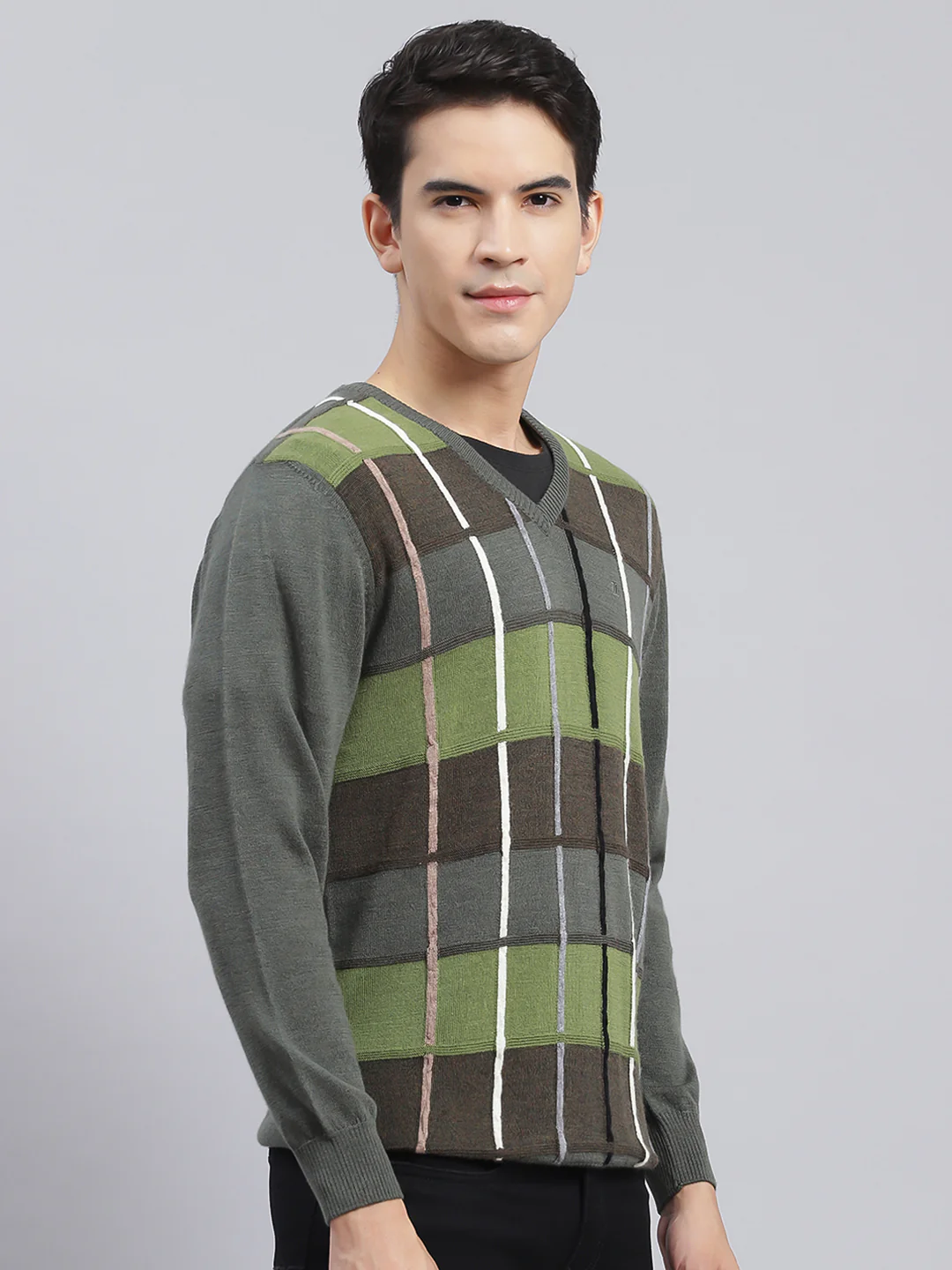 Men Olive Printed Pure wool Pullover - Image 3