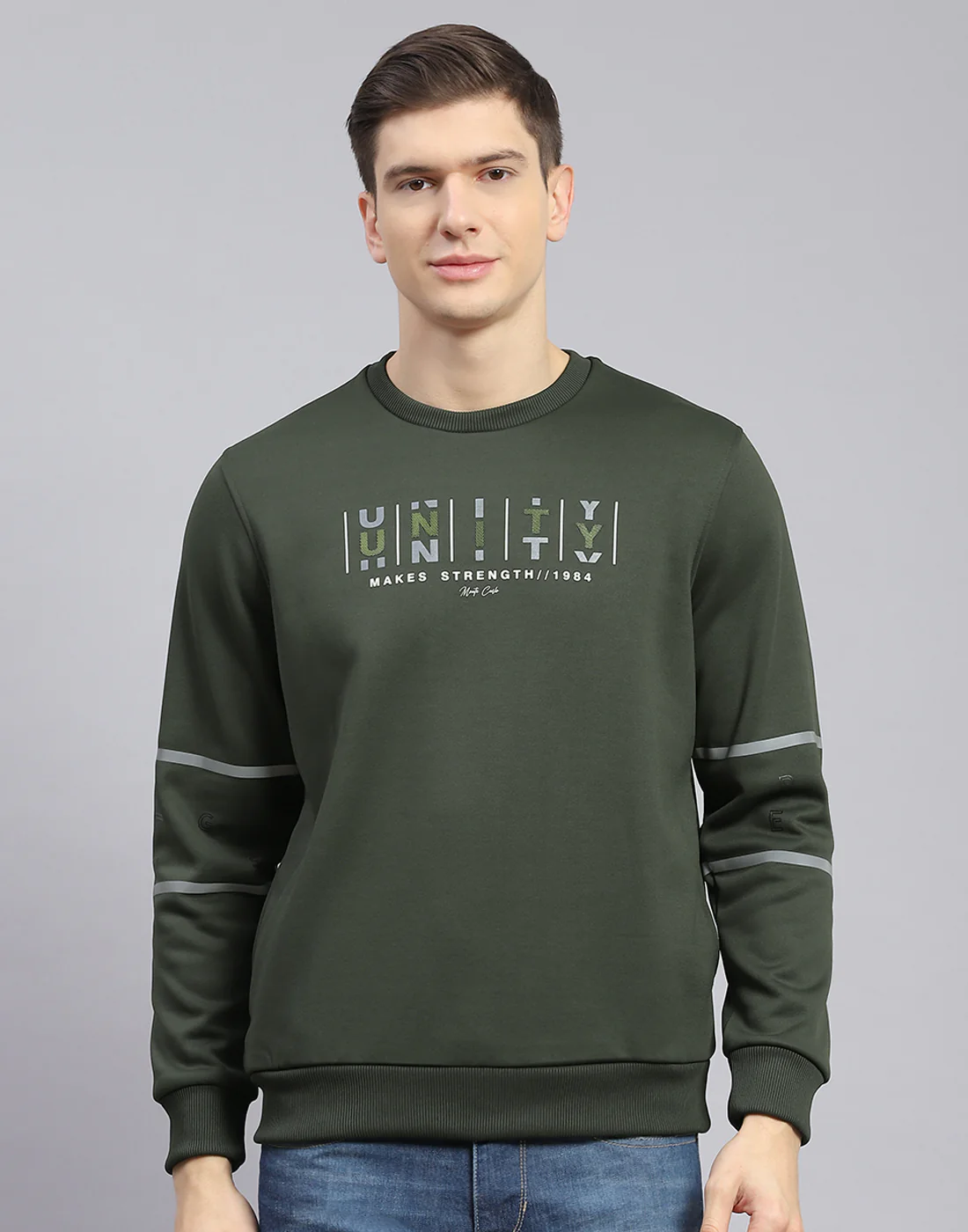 Men Olive Printed Round Neck Full Sleeve Sweatshirt - Image 3