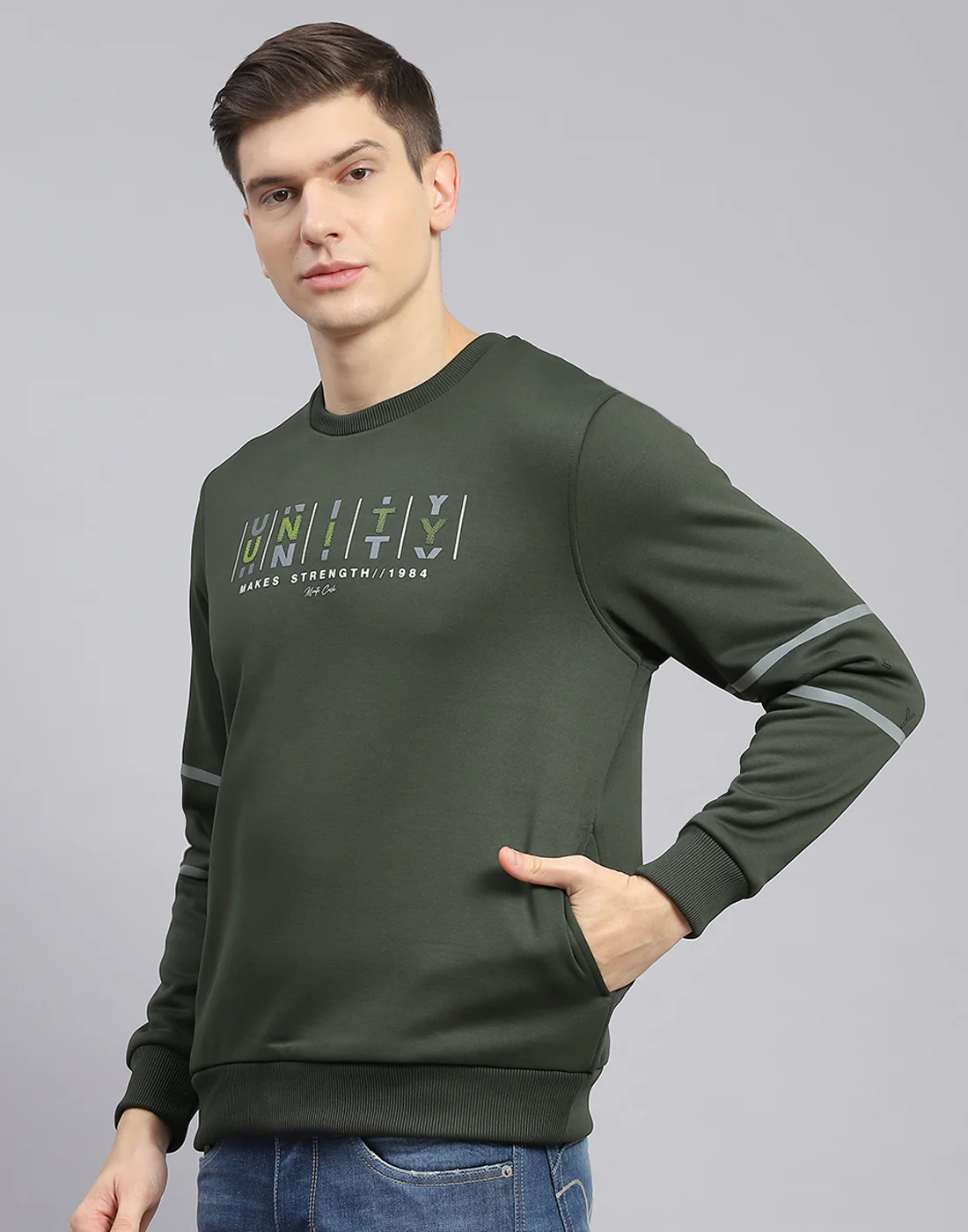 Men Olive Printed Round Neck Full Sleeve Sweatshirt - Image 4