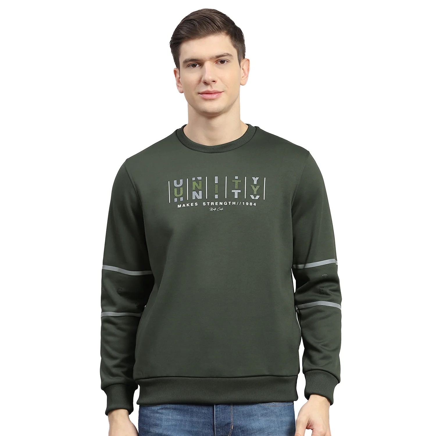 Men Olive Printed Round Neck Full Sleeve Sweatshirt - Image 5
