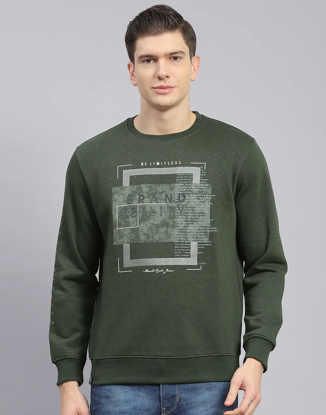 Men Olive Printed Round Neck Full Sleeve Sweatshirt - Image 3
