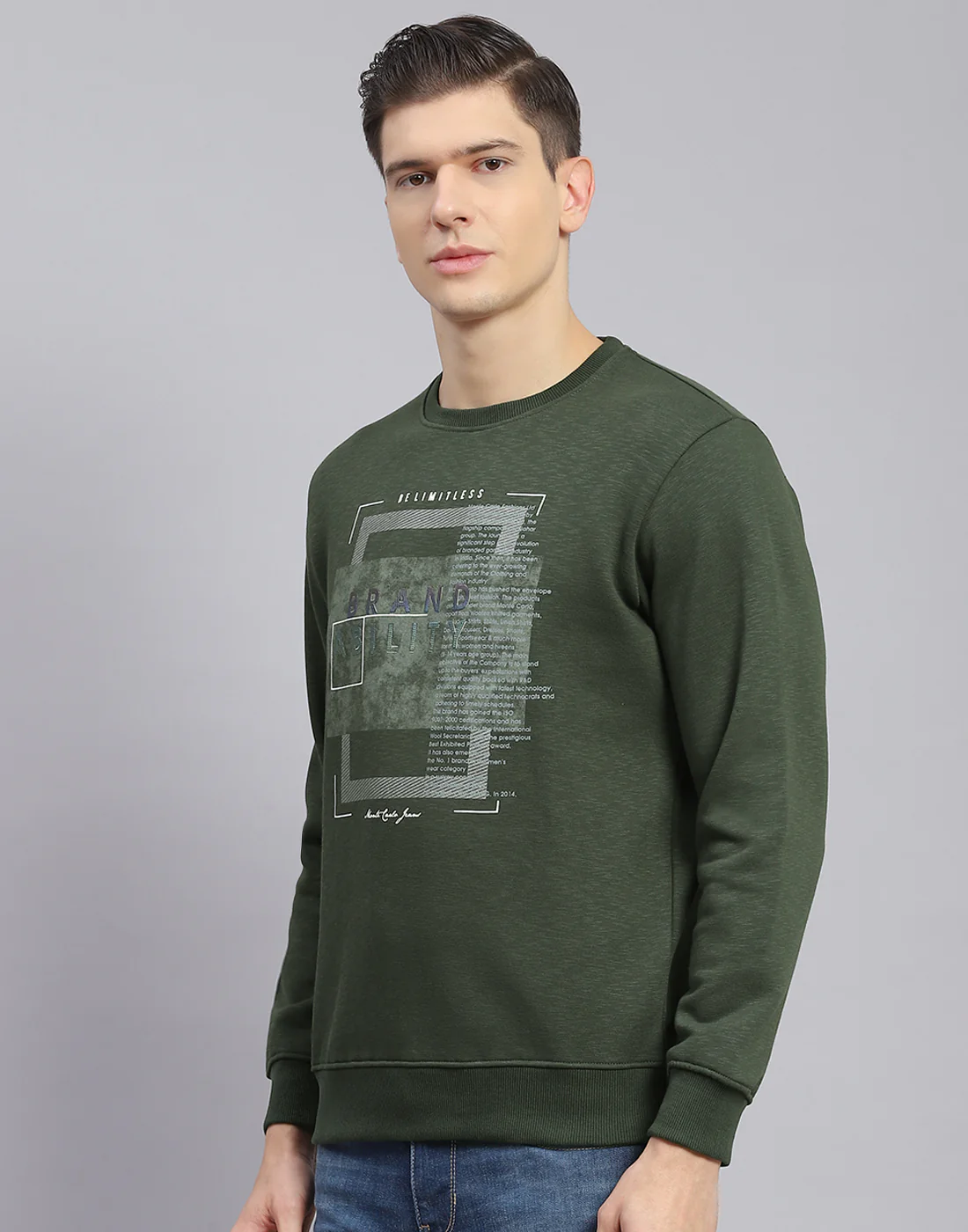 Men Olive Printed Round Neck Full Sleeve Sweatshirt - Image 4