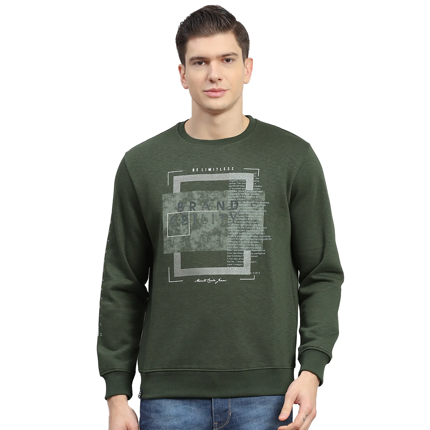 Men Olive Printed Round Neck Full Sleeve Sweatshirt - Image 5