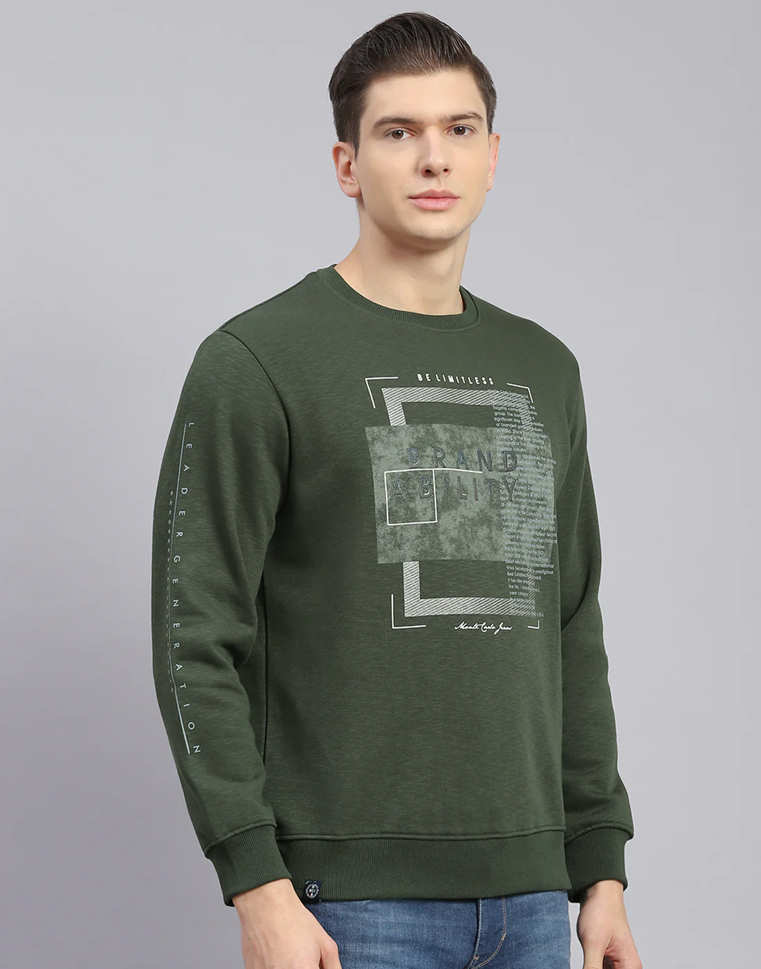 Men Olive Printed Round Neck Full Sleeve Sweatshirt - Image 6