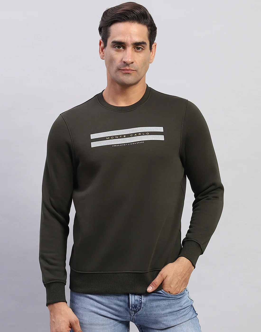 Men Olive Printed Round Neck Full Sleeve Sweatshirt - Image 2
