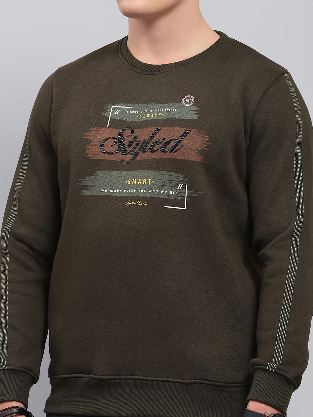 Men Olive Printed Round Neck Full Sleeve Sweatshirt - Image 6