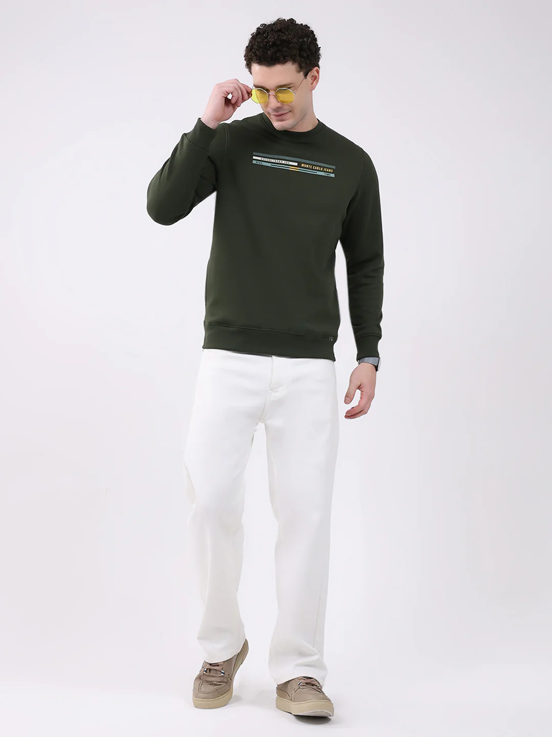 Men Olive Printed Round Neck Full Sleeve Sweatshirt - Image 2